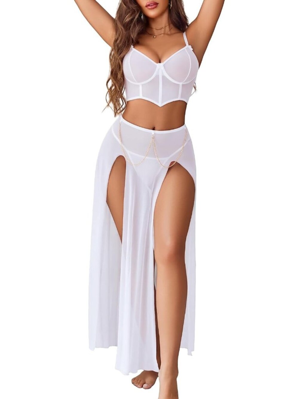 Women's White V Neck Sexy Long Skirt Two Side Split Lingerie 3 Piece Outfit